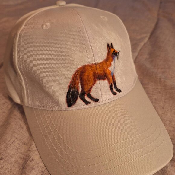 Hand-Painted Fox Hat on White Baseball Hat. - Picture 1 of 10